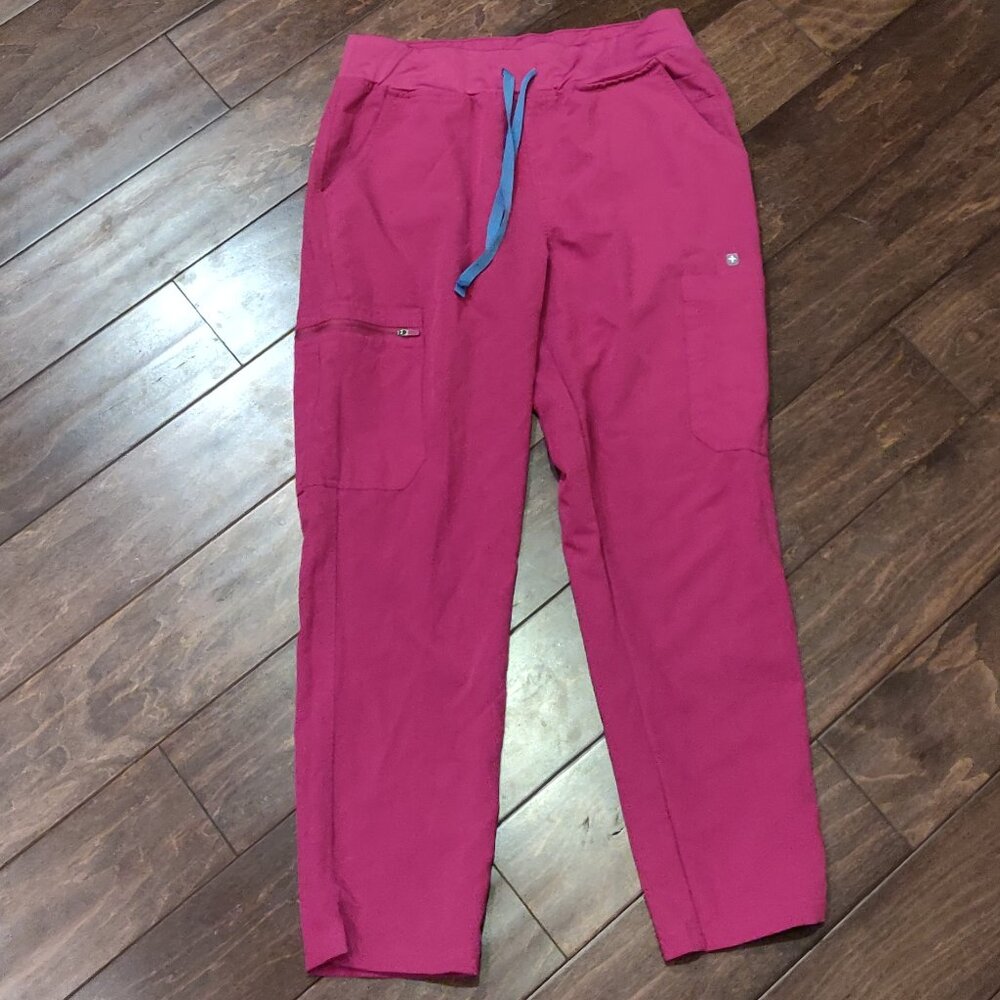 Figs Women's Scrub Pants in Hot Pink with Blue Drawstring